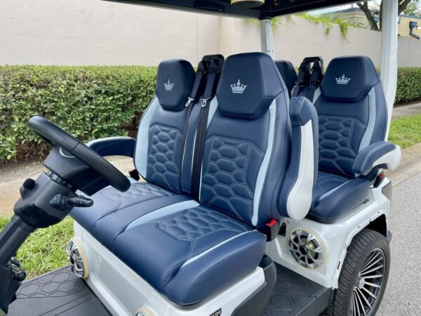 Navy and white luxury seats in the white Evolution D-Max GT4