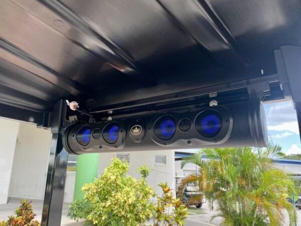 Evolution sound bar with blue LED speaker lighting mounted under the Maverick 6 roof