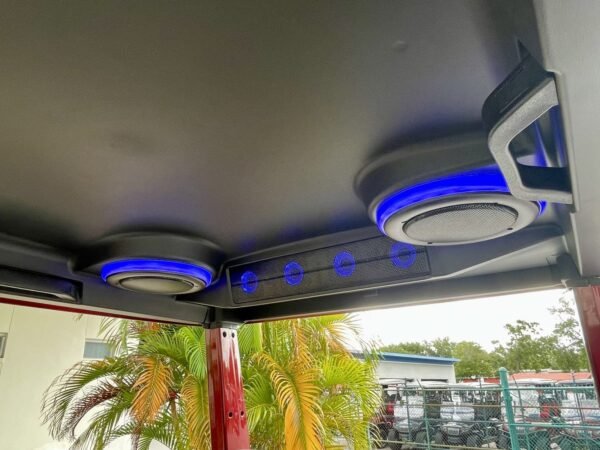 Roof-mounted speakers with blue LED lighting on the Evolution D-MAX XT4